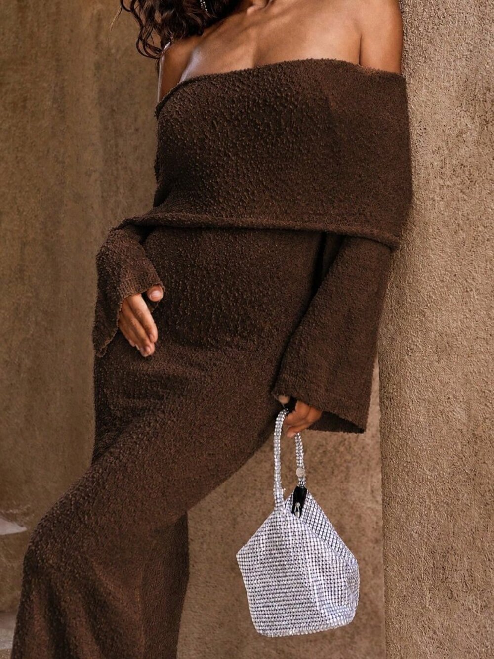 Coffee Brown Elegant Women's Off-Shoulder Casual Sexy Dress - Picture 5 of 5